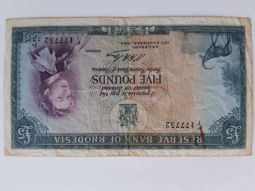 Queen Elizabeth  5 Pounds Reserve Bank of Rhodesia